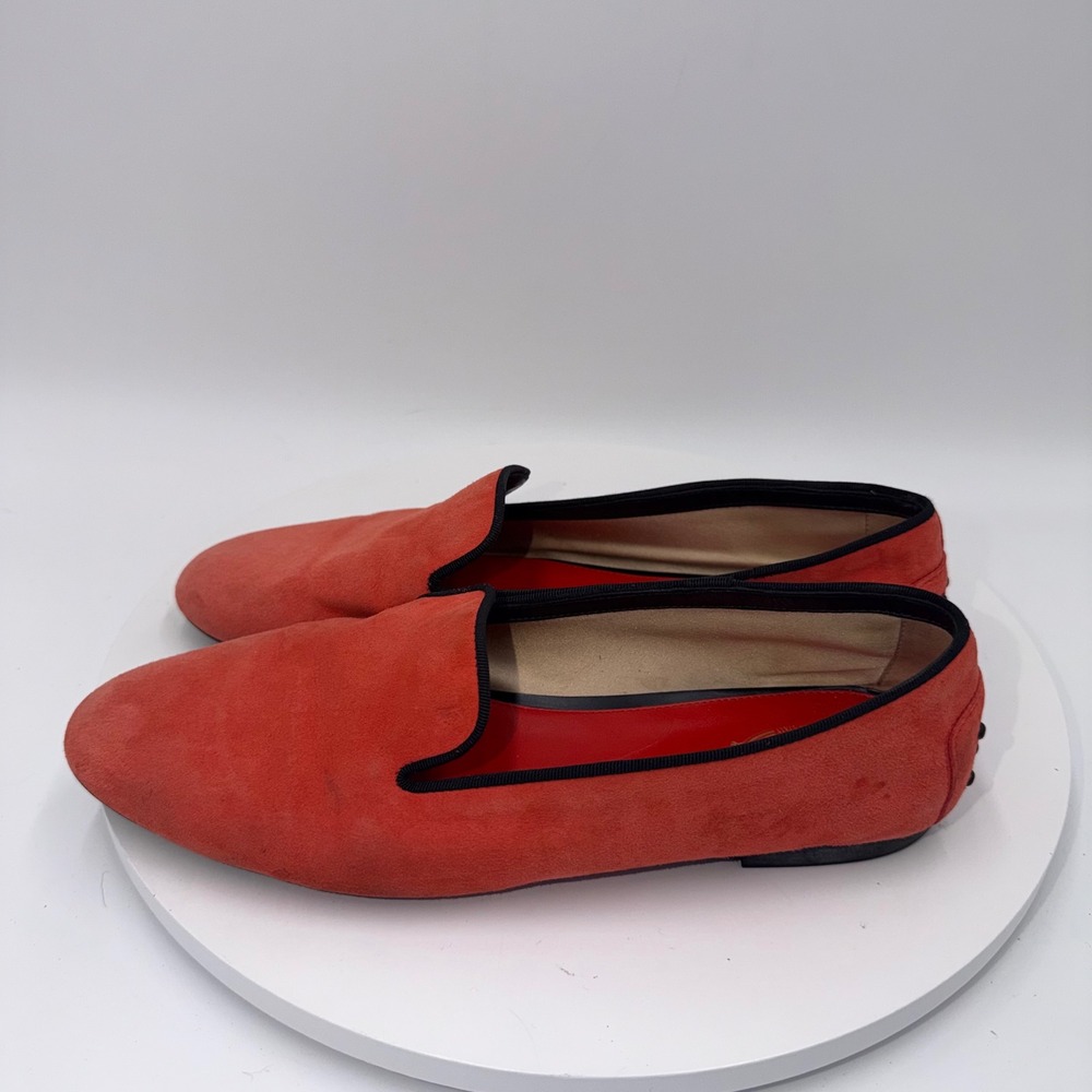 Tods Orange Red Suede Grosgrain Trim Gommini Loafers Flats 38.5 Made in Italy